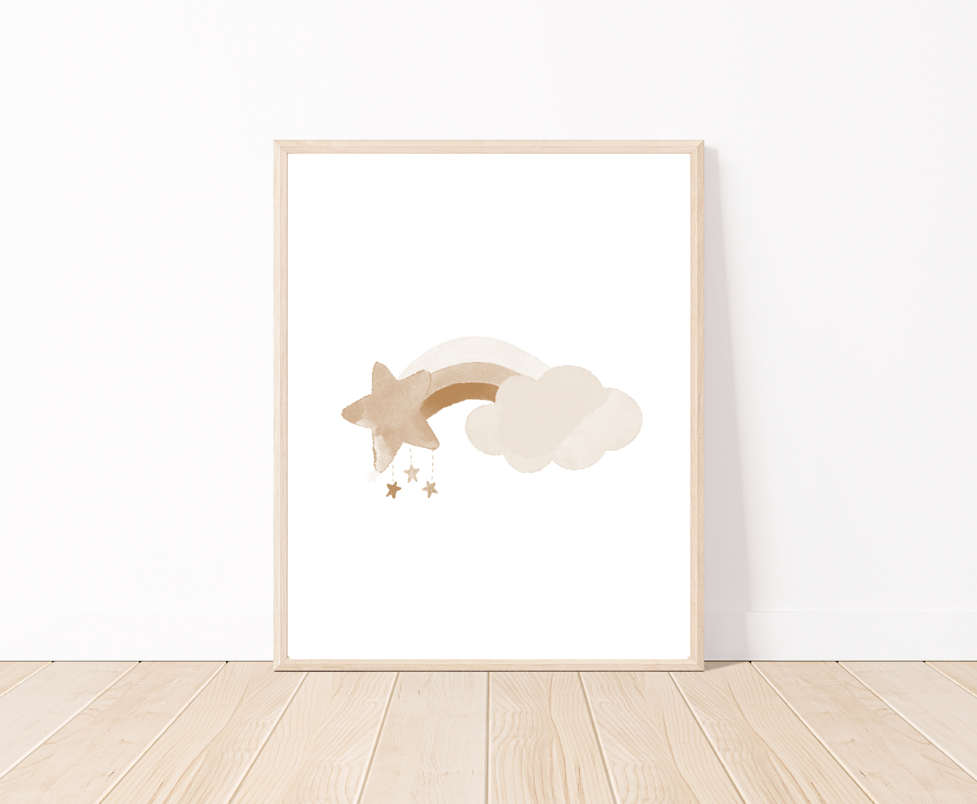 Baby’s digital poster that shows a rainbow in different shades of beige behind a cloud and a star with tiny stars dangling from it. The frame is placed on a parquet floor.