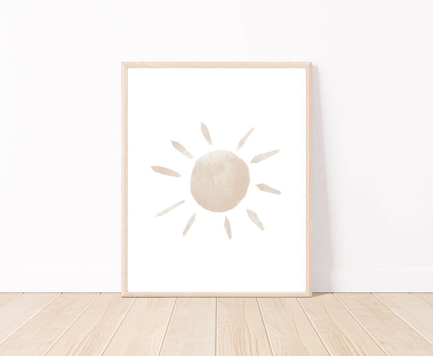 A frame showing a digital graphic displaying an almond-beige sun on a parquet floor.