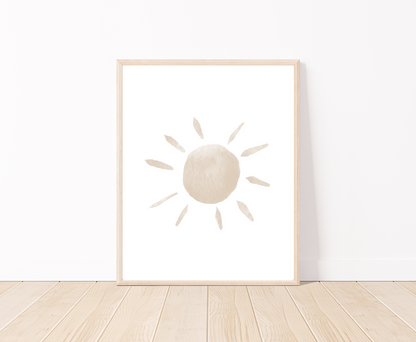 A frame showing a digital graphic displaying an almond-beige sun on a parquet floor.