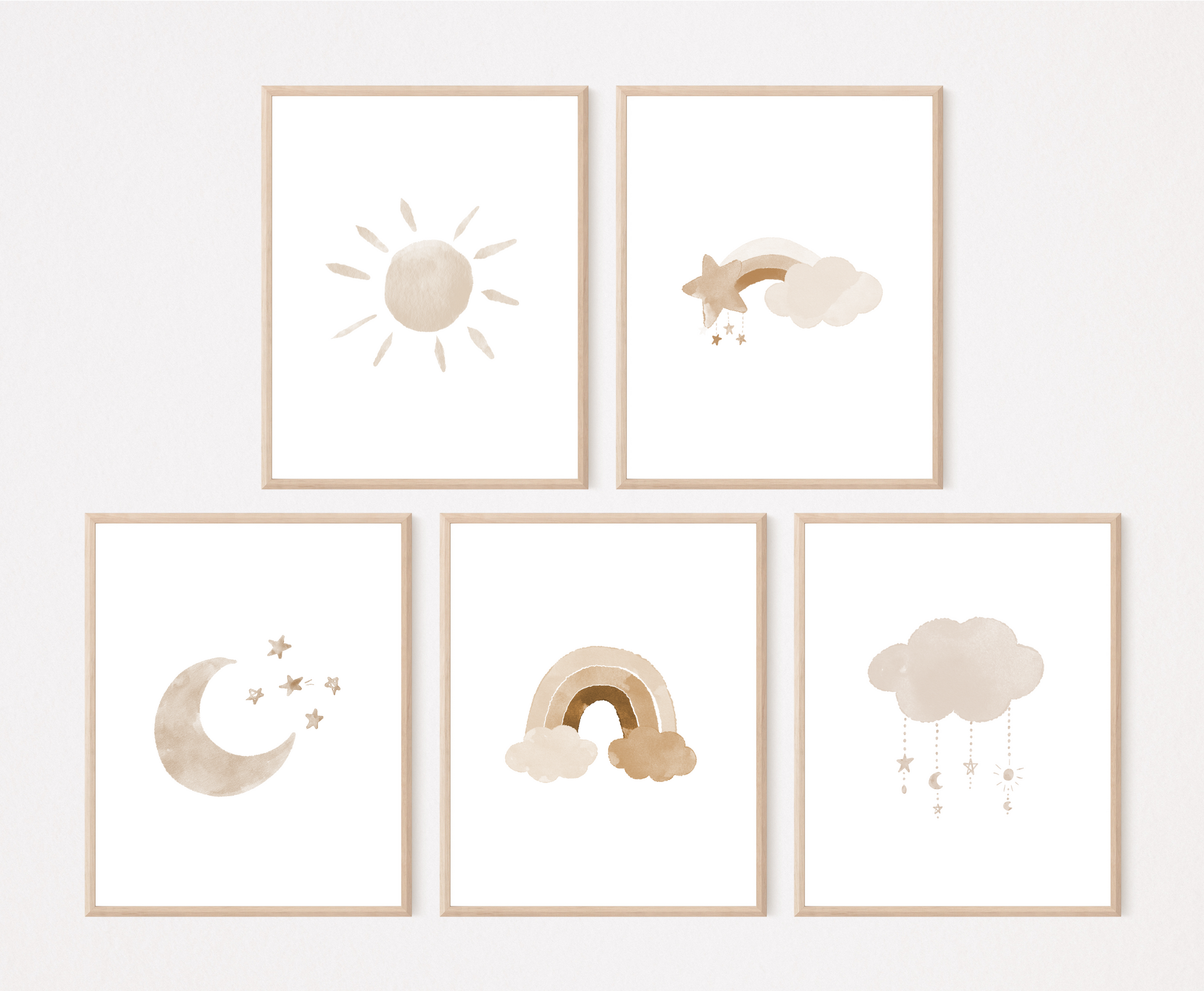 Five frames showing graphics in different shades of beige. The first one shows an almond-beige sun, the second one shows cloud and a star with a rainbow in different shades of beige right behind them. The third one shows a beige crescent moon with tiny stars right beside it, the fourth one shows a rainbow in different shades of beige. While the fifth frame shows an almond-beige cloud with tiny crescent moons and stars dangling from it.