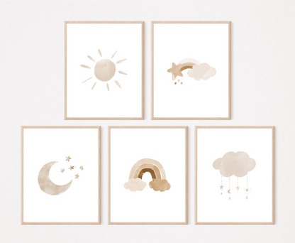 Five frames showing graphics in different shades of beige. The first one shows an almond-beige sun, the second one shows cloud and a star with a rainbow in different shades of beige right behind them. The third one shows a beige crescent moon with tiny stars right beside it, the fourth one shows a rainbow in different shades of beige. While the fifth frame shows an almond-beige cloud with tiny crescent moons and stars dangling from it.