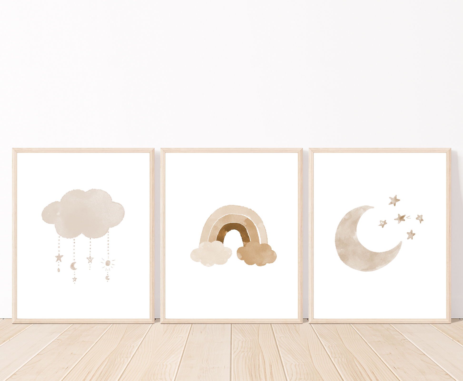 Three digital posters. The first one shows a beige cloud with tiny starts dangling from it, the middle one shows a rainbow in different shades of beige behind two clouds, and the last one shows a beige crescent with tiny beige stars right beside it.