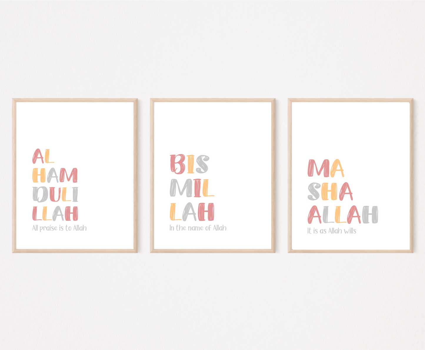 An image showing three digital print graphics for pieces of writing written in multi-colored letters with a white background. The first one shows a graphic of “Alhamdulillah, all praise to Allah”. The second one is for “Bismillah, in the name of Allah”. The last one is for “Mashallah, it is as Allah wills”.