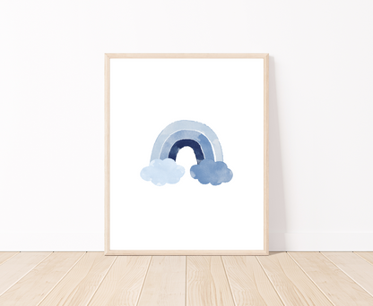 A digital poster is placed on a white wall and parquet flooring and shows a baby blue rainbow with two baby blue clouds.