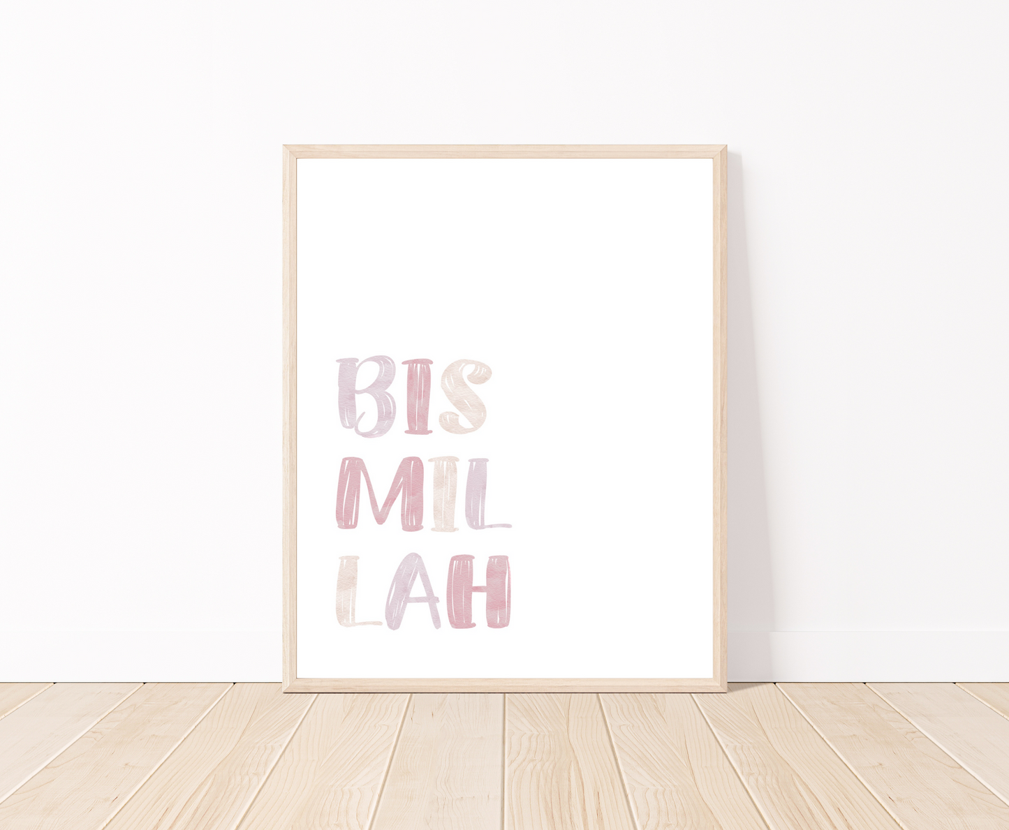 A little girl’s room digital print is placed on a white wall and parquet flooring. It includes “Bismillah” written in multi-colored letters with a white background.