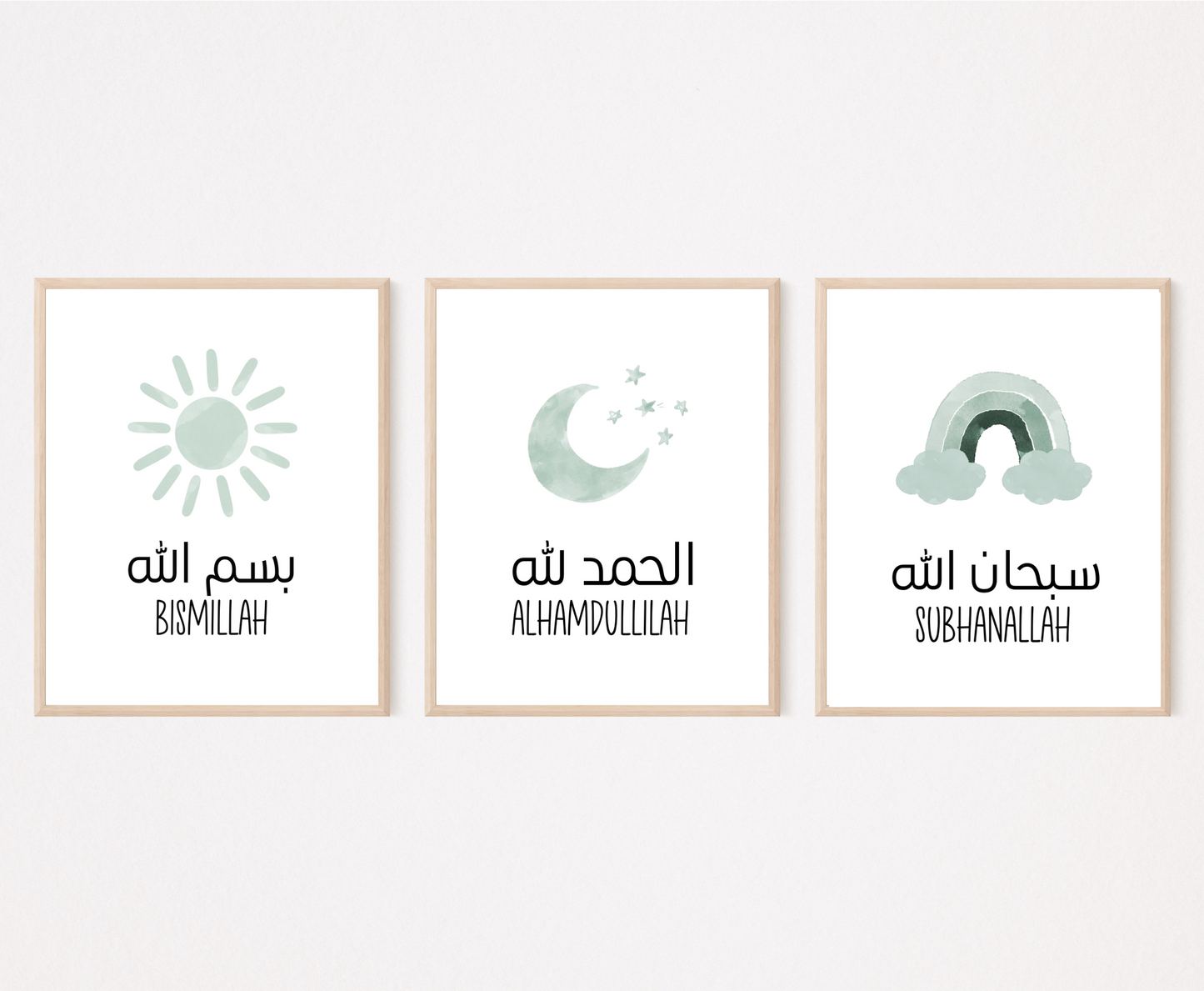 An image showing three digital print graphics. The first one is for a baby green sun with “Bismillah” written in both Arabic and English. The second one shows a graphic of a baby green crescent and some tiny stars with “Alhamdulillah” written in both Arabic and English right below. The last one is a baby green rainbow with “Subhanallah” in both Arabic and English written just below it. 