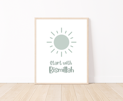 A digital poster that is placed on a white wall and parquet flooring shows a baby green sun with “Start with Bismillah” written right below.