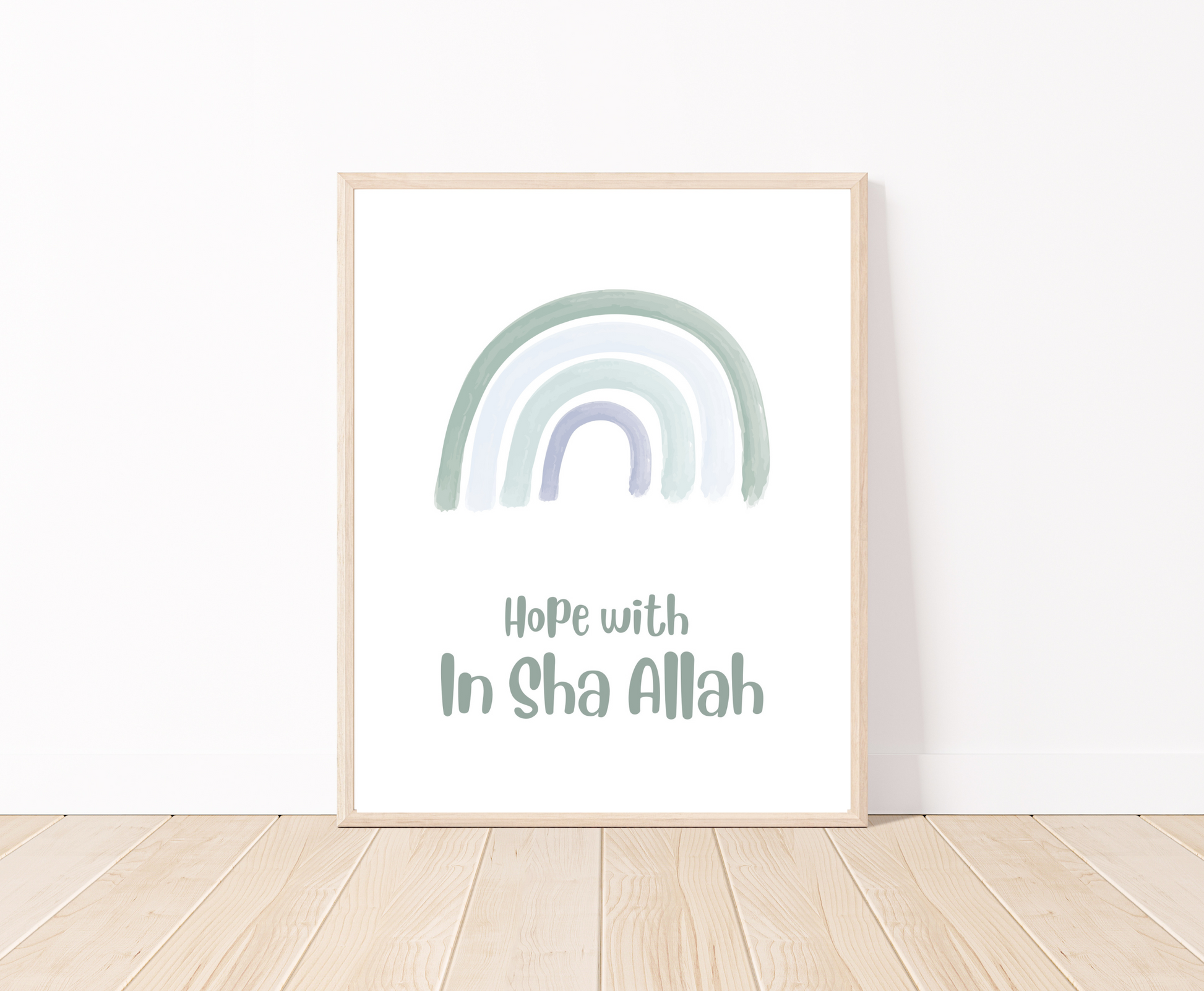 A digital poster that is placed on a white wall and parquet flooring shows a baby green rainbow with “Hope with In Sha Allah” written just below it.