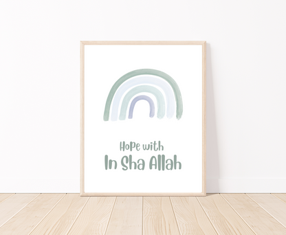 A digital poster that is placed on a white wall and parquet flooring shows a baby green rainbow with “Hope with In Sha Allah” written just below it.