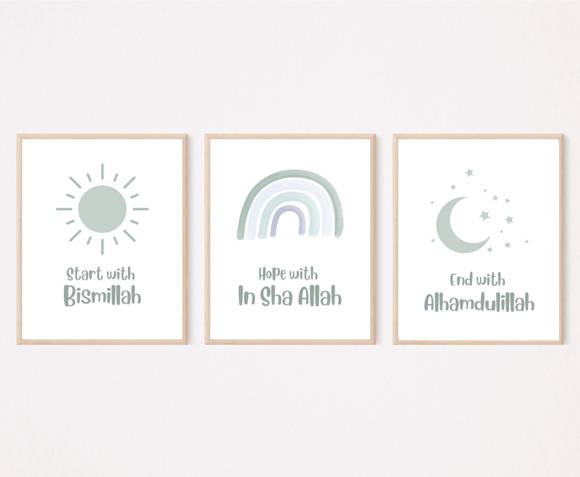 An image showing three digital print graphics. The first one shows a baby green sun with “Start with Bismillah” written right below. The middle graphic is a baby green rainbow with “Hope with In Sha Allah” written just below it. The last frame shows a graphic of a baby green crescent and some tiny stars with “End with Alhamdulillah” written just below the latter.