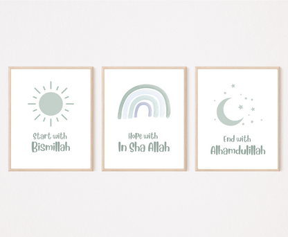An image showing three digital print graphics. The first one shows a baby green sun with “Start with Bismillah” written right below. The middle graphic is a baby green rainbow with “Hope with In Sha Allah” written just below it. The last frame shows a graphic of a baby green crescent and some tiny stars with “End with Alhamdulillah” written just below the latter.