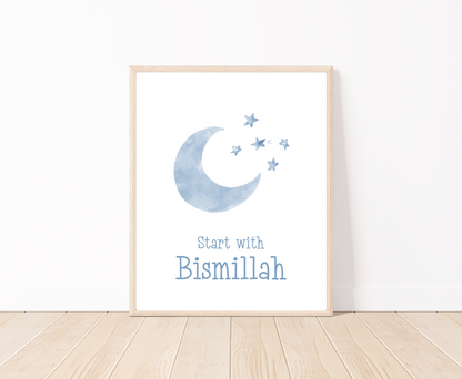 A little boy’s room digital poster that is placed on a white wall and parquet flooring shows a baby blue crescent and some tiny stars with “Start with Bismillah” written right below.