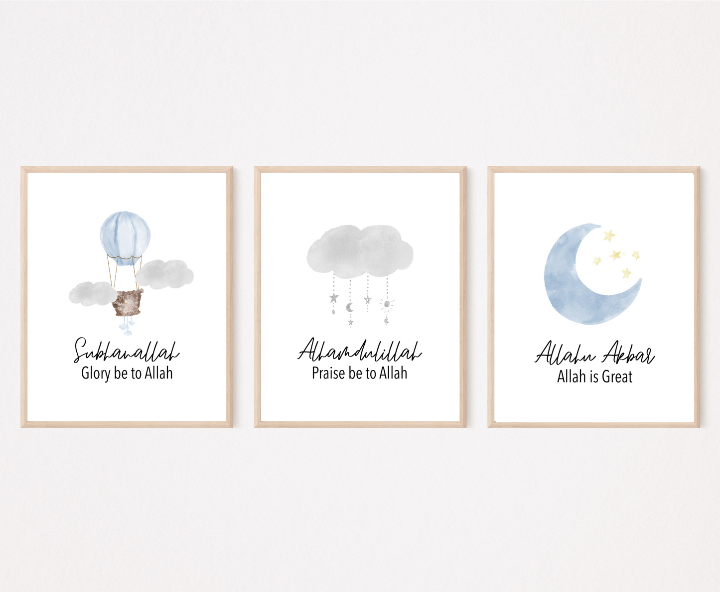 Three frames with three different graphics. The first one shows an air balloon with the word “Subhanallah”, Glory Be to Allah, written below. The middle one shows a gray cloud design with the word “Alhamdulillah”, Praise Be to Allah below. The last one shows a baby blue crescent and tiny yellow stars with the word “Allahu Akbar”, Allah is great, written below.