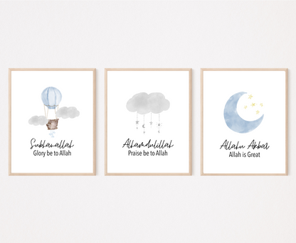 Three frames with three different graphics. The first one shows an air balloon with the word “Subhanallah”, Glory Be to Allah, written below. The middle one shows a gray cloud design with the word “Alhamdulillah”, Praise Be to Allah below. The last one shows a baby blue crescent and tiny yellow stars with the word “Allahu Akbar”, Allah is great, written below.