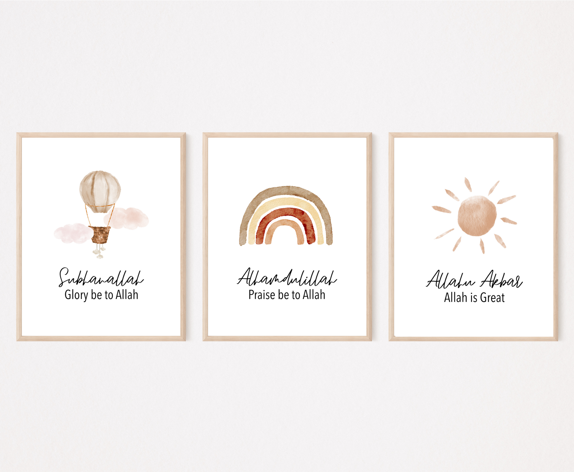 Three frames with three different graphics. The first one shows a light brown air balloon with the word “Subhanallah”, Glory Be to Allah, written below. The middle one shows a different degree brown rainbow design with the word “Alhamdulillah”, Praise Be to Allah below. The last one shows a brown pinkish sun with the word “Allahu Akbar”, Allah is great, written below.
