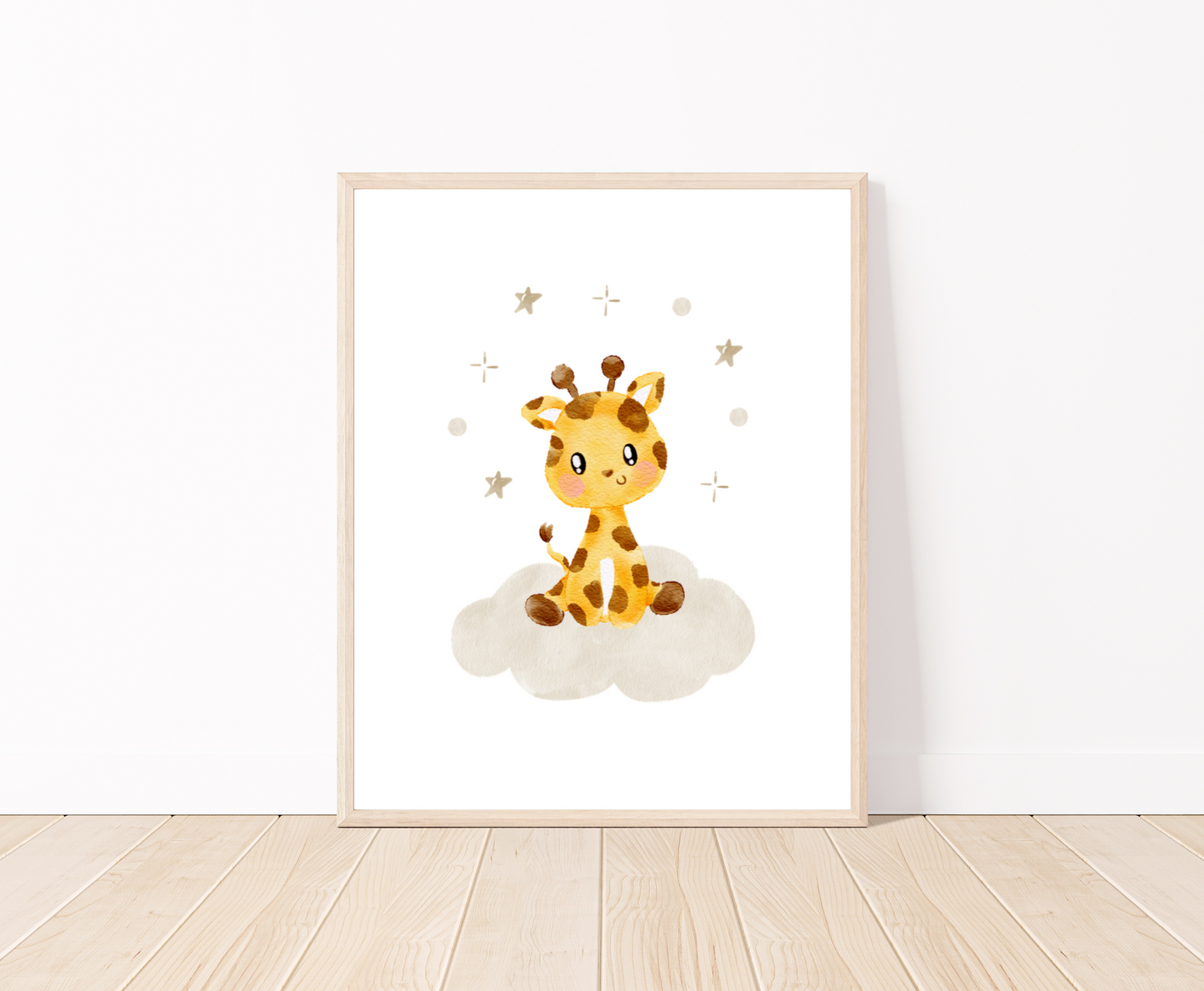 A digital print placed on a white wall and parquet flooring showing a design for a cute baby giraffe sitting on a grey cloud with mini stars surrounding its head 