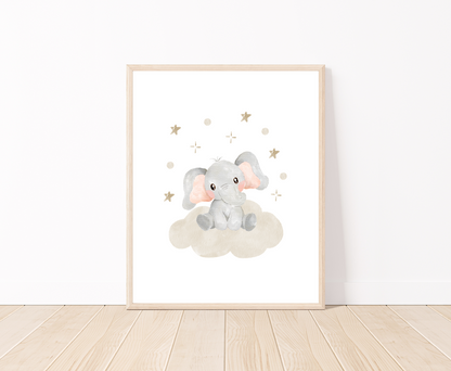 A digital print placed on a white wall and parquet flooring showing a design for a grey baby elephant sitting on a grey cloud with mini stars surrounding its head