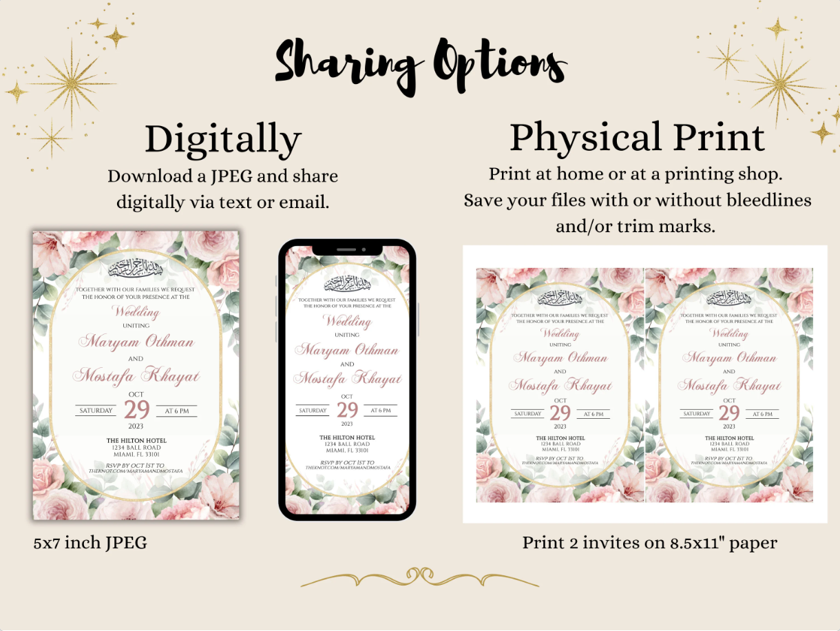 Share your muslim wedding invitations digitally or physically.