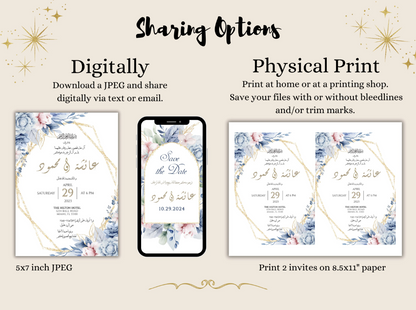 Sharing options for the arabic wedding invitation card are digitally and physically.