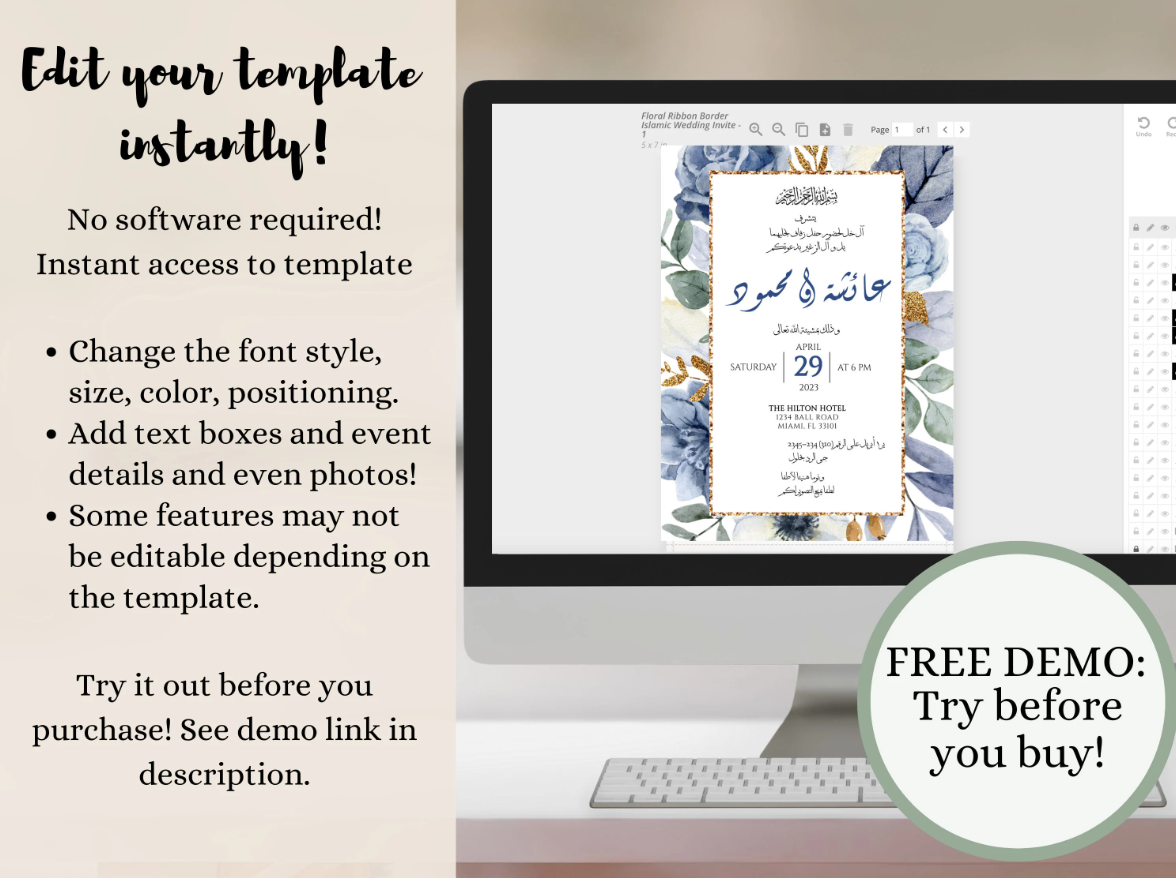 This islamic wedding invitation template is easily editable instantly. 