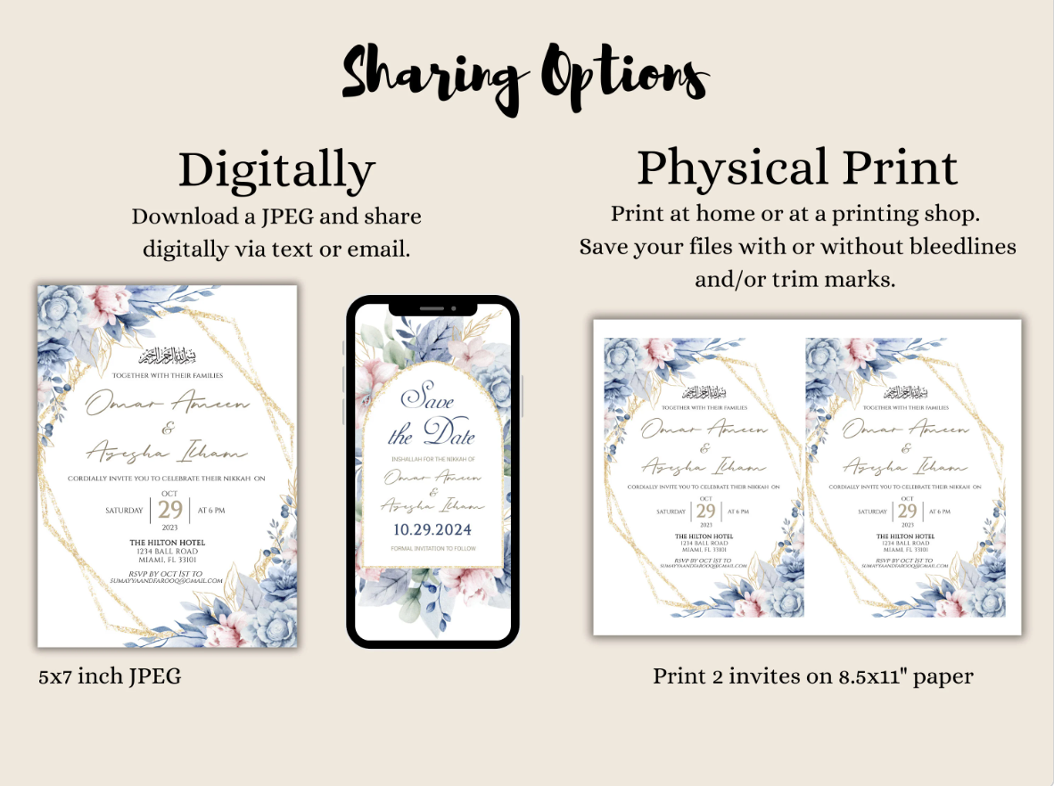 Muslim Wedding Cards on 5x7 inch, mobile compatible JPEG, and printed on 8.5x11" paper.