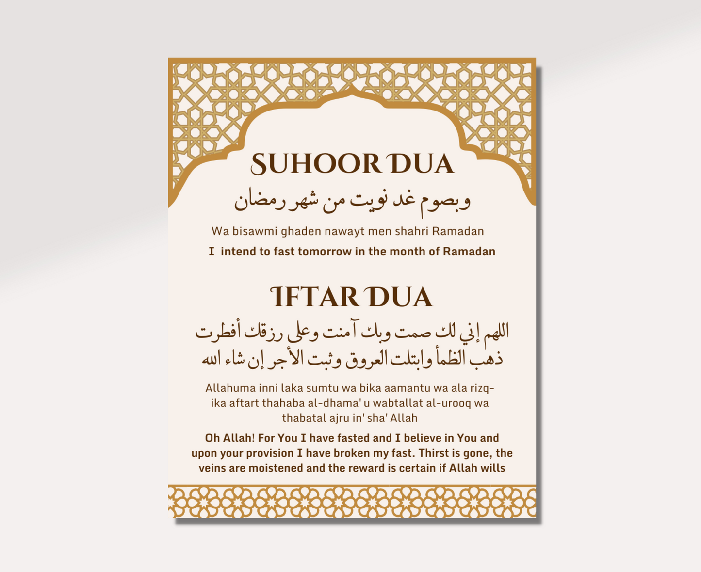 Ramadan Suhoor Dua and Iftar Dua, in Arabic, English, and Transliteration.