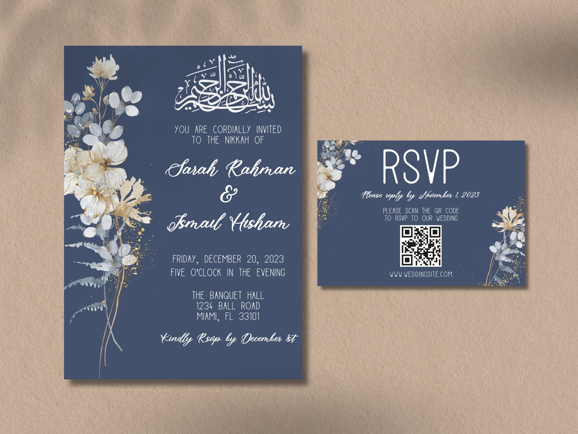 navy islamic marriage card with rsvp card