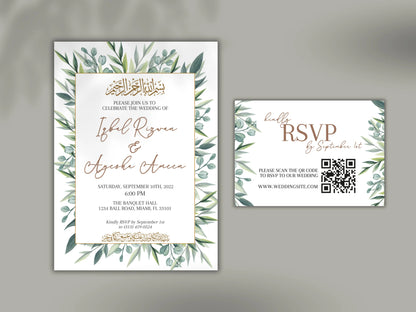 Islamic marriage wedding invitation template with corresponding RSVP card.