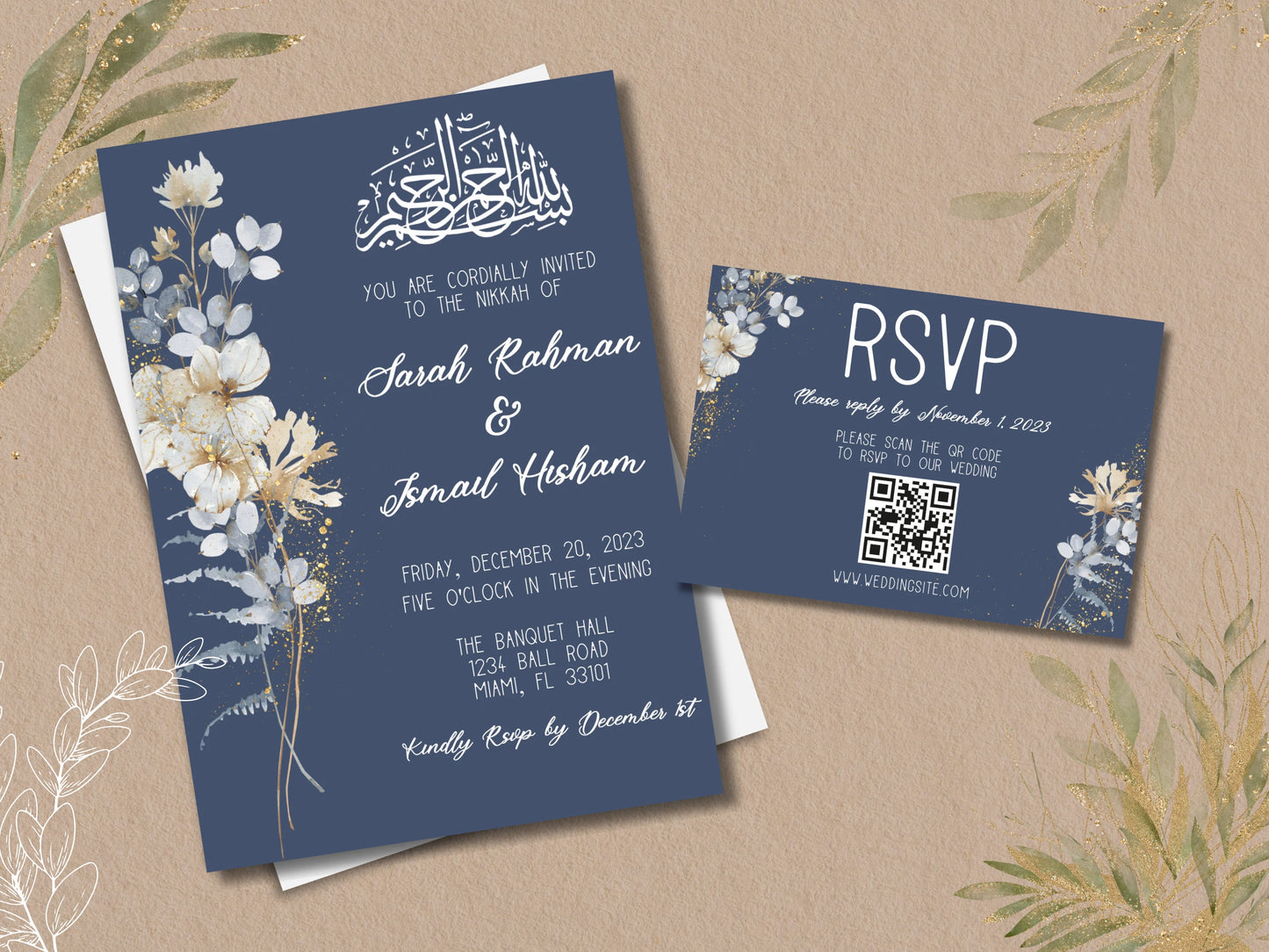 islamic marriage card with blue navy rsvp card