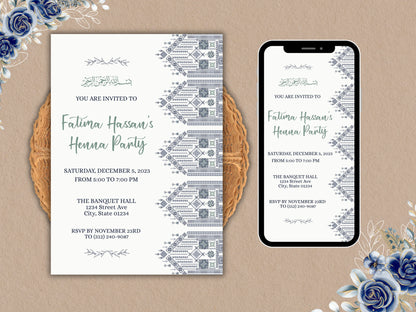 navy blue islamic wedding invitation card with digital card