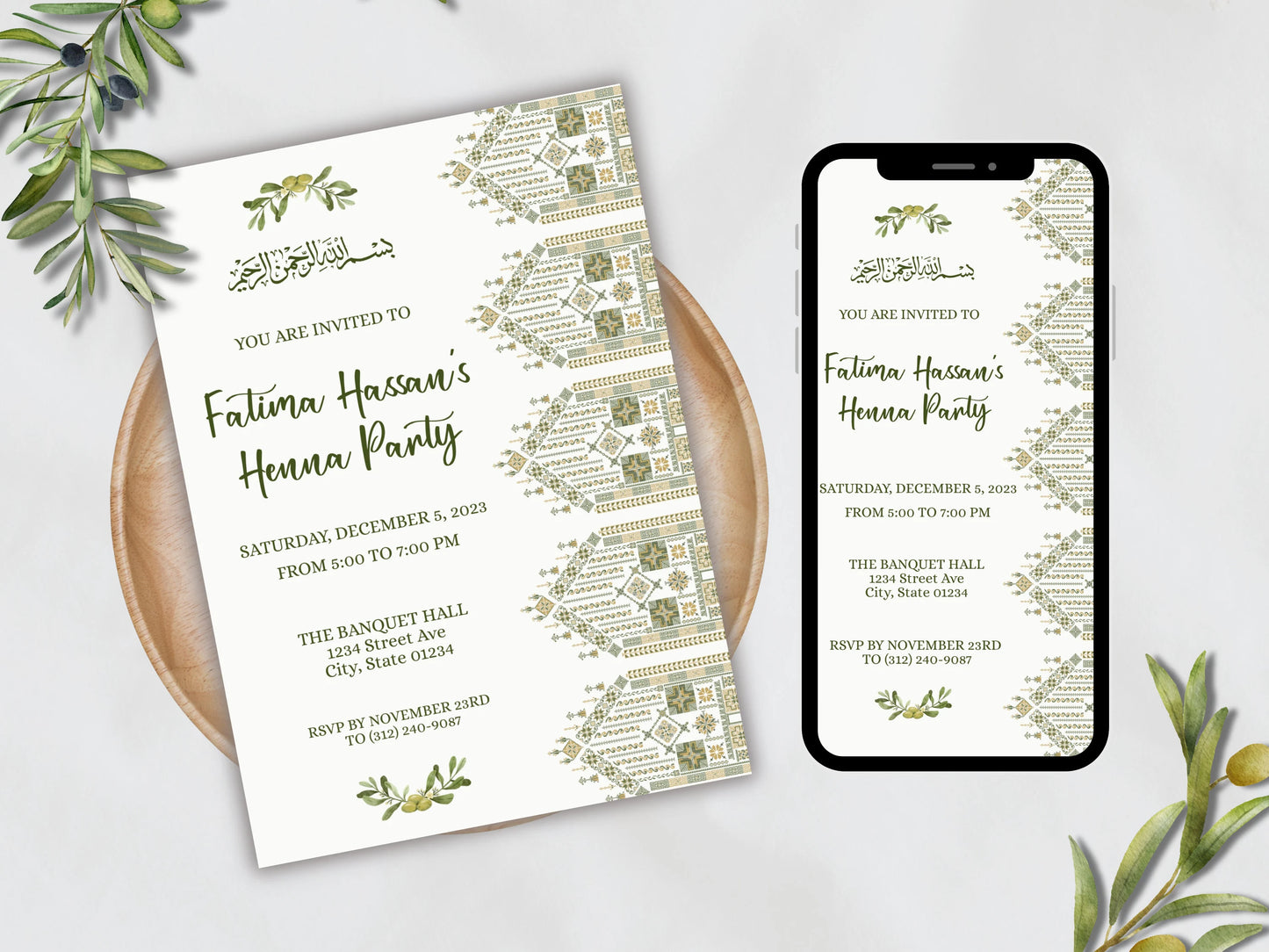 green muslim wedding invitation card tatreez palestinian henna