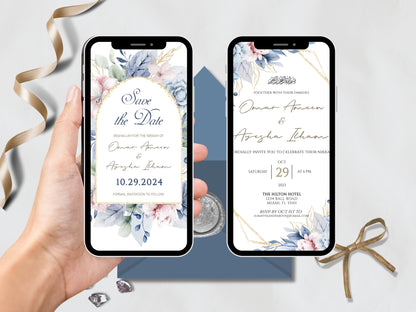 Hand holding mobile save the date card and an islamic wedding card.