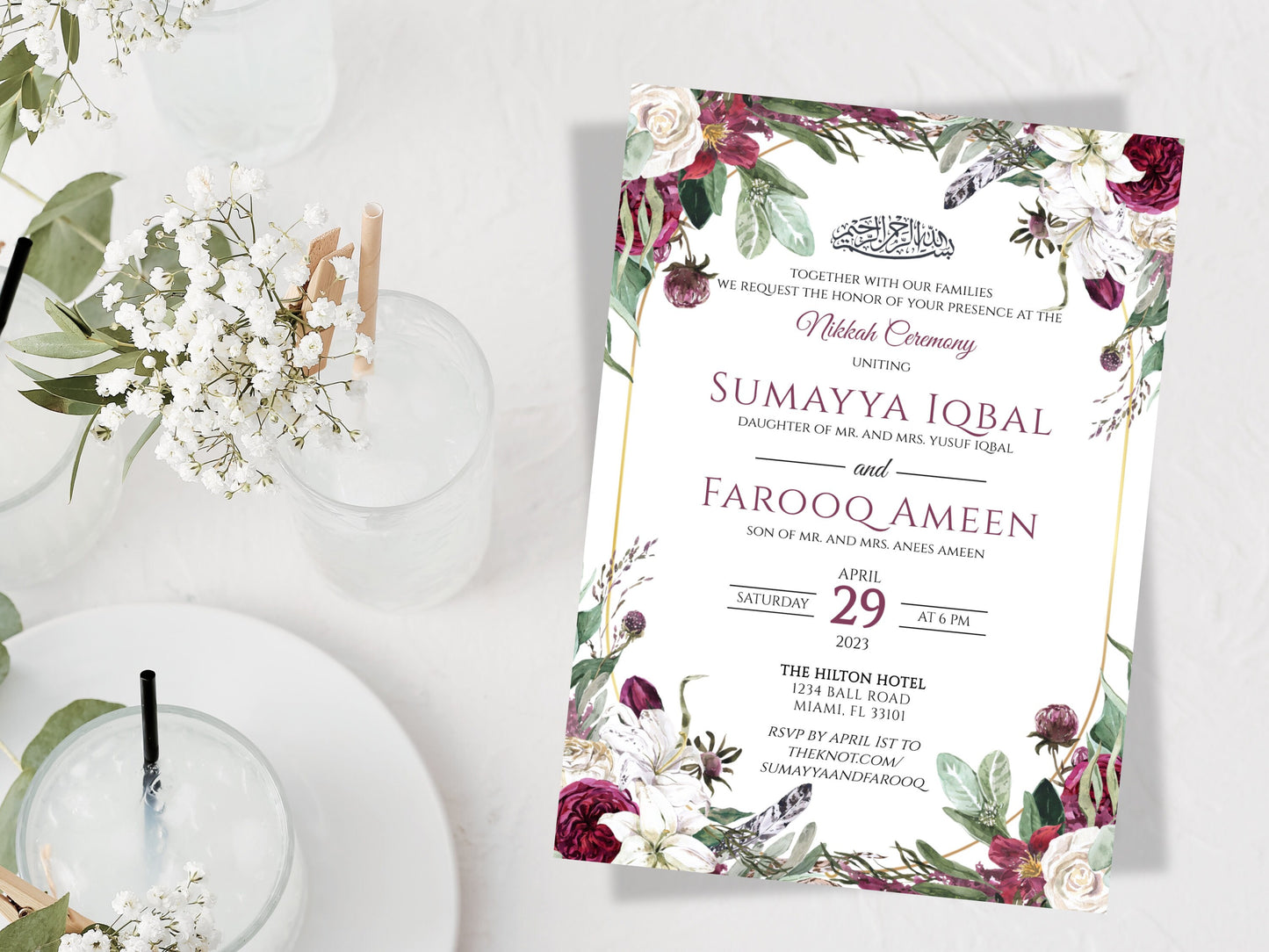 Wedding card muslim design featuring burgundy flowers.