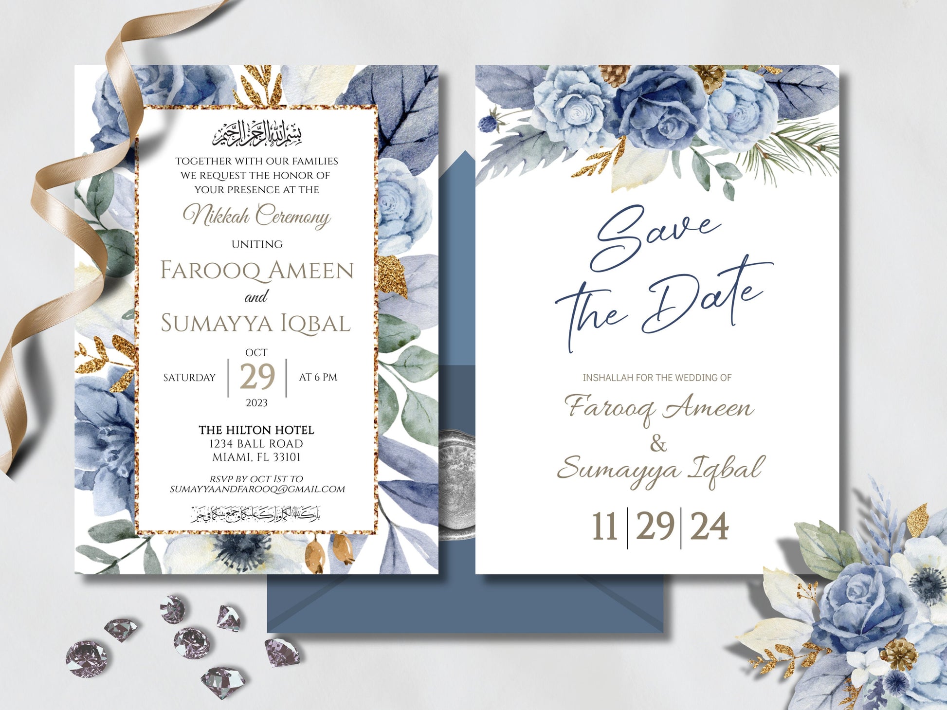 Muslim wedding card design with save the date card over a navy blue envelope featuring a dusty blue floral design.