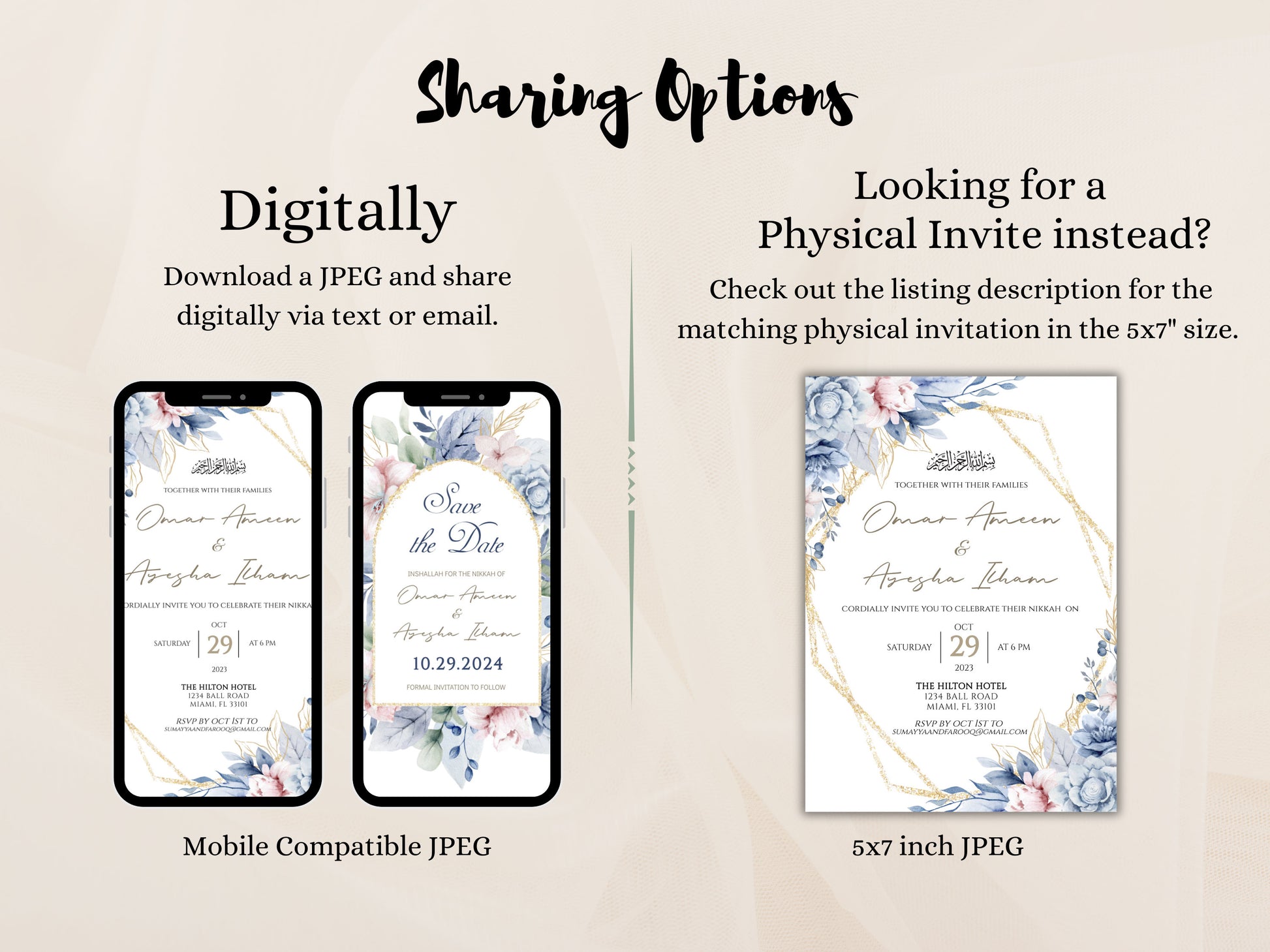 Sharing options for muslim wedding cards include digital option and physical invite. 