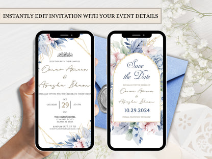 Hand holding mobile phone displaying a muslim wedding card design and a mobile phone with a save the date card.