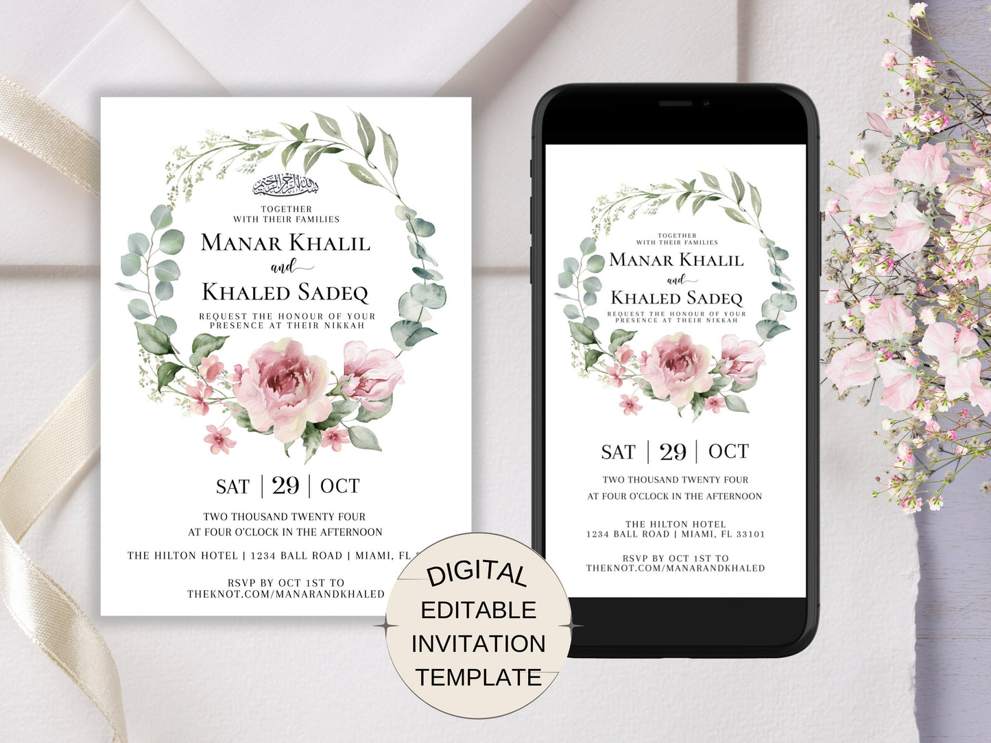 Invitation Cards Islamic Design featuring a pink floral wreath in a physical 5x7 card and a mobile invitation.