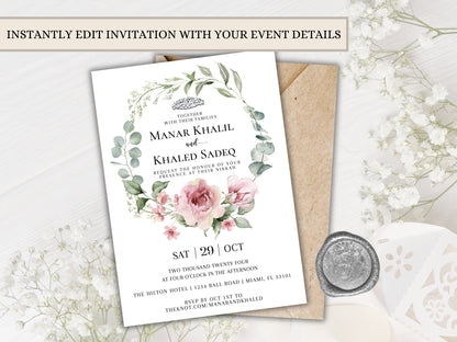 muslim invitation card featuring floral wreath pink with envelope