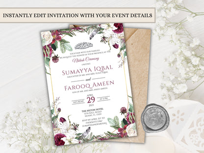 floral burgundy wedding card muslim design.