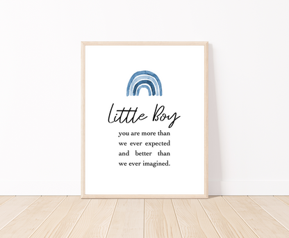 A graphic for a little boy’s room showing a rainbow in different shades of blue, and a piece of writing that says: Little boy, you are more than we ever expected, and better than we ever imagined.