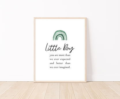A graphic for a little boy’s room showing a rainbow in different shades of green, and a piece of writing that says: Little boy, you are more than we ever expected, and better than we ever imagined.