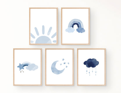 Five frames showing blue graphics. The first one shows a baby blue sun at the base of the frame, the second one shows a rainbow in different shades of blue. The third one shows a blue cloud and a blue star with a rainbow in different shades of blue right behind them. The fourth one shows a blue crescent moon with tiny blue stars right beside it. The fifth frame shows a dark blue cloud with tiny blue crescent moons and stars dangling from it.