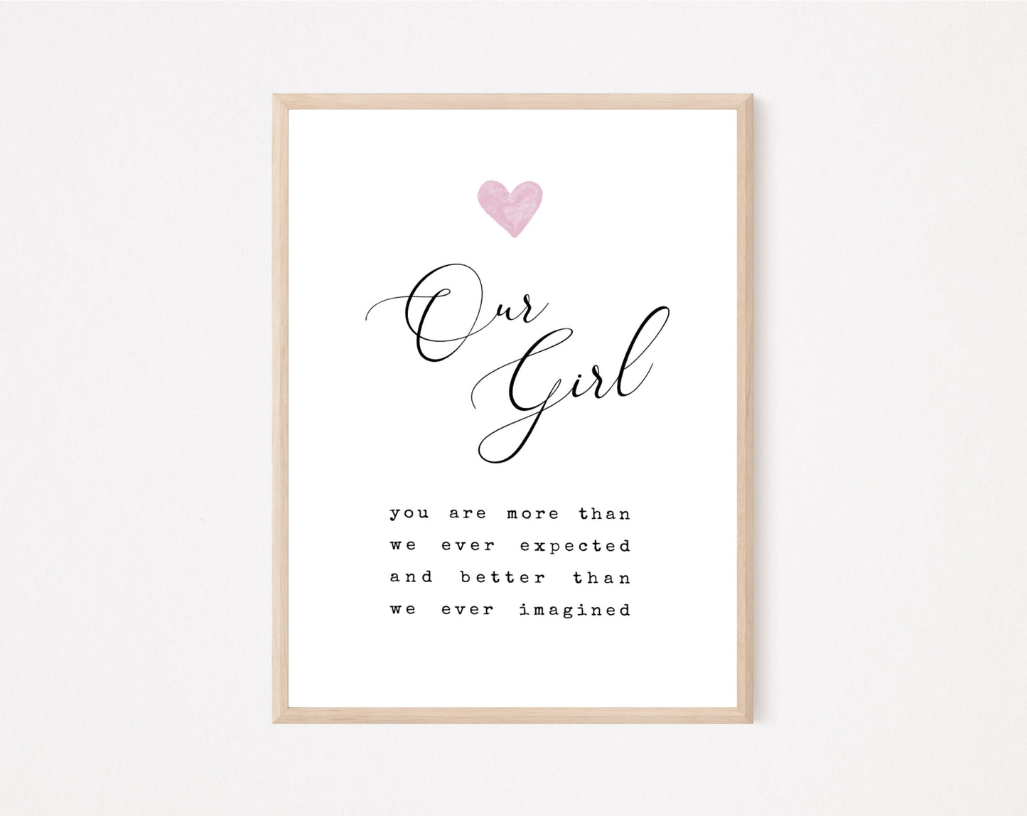 A little girl’s room digital print that has a pink heart at the top, and a piece of writing that says: “Our girl, you are more than we ever expected and better than we ever imagined.”