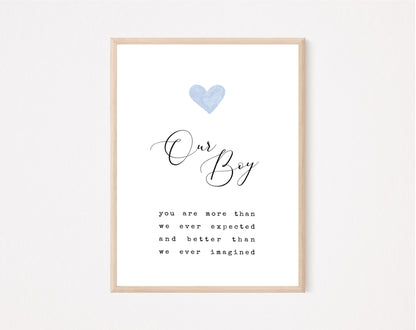 A little boy’s room digital print that has a baby blue heart at the top, and a piece of writing that says: “Our boy, you are more than we ever expected and better than we ever imagined.”