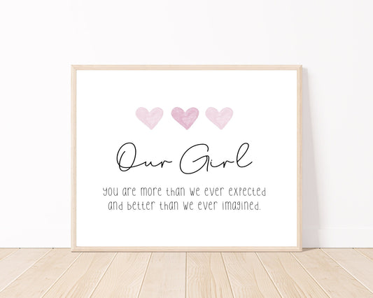 A little girl’s room digital print placed on a white wall and parquet flooring that has three pink hearts at the top, and a piece of writing that says: “Our girl, you are more than we ever expected and better than we ever imagined.”