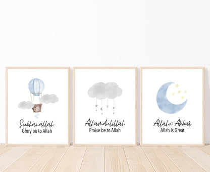 Three frames with three different graphics. The first one shows a baby blue air balloon graphic with two clouds, with the word Subhanallah, Glory Be to Allah, written below. The middle one shows a grey (slightly blue) cloud with tiny stars dangling from it, with the Alhamdulillah, Praise Be to Allah, written below. The last graphic shows a blue crescent and tiny yellow stars beside it with the word Allahu Akbar, Allah is Great right below it. 