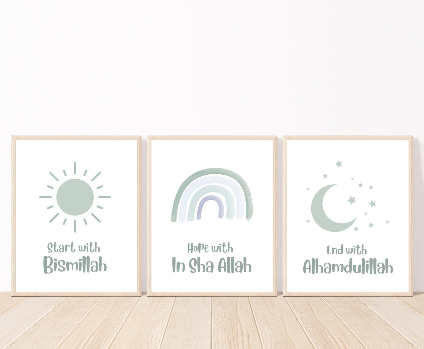 An image showing three graphics. The first one showing a baby blue sun with “Start with Bismillah” written in the same color, right below. The middle graphic is a green and baby blue ombre rainbow with “hope with In Sha Allah” written just below it. The last frame shows a graphic of a baby blue crescent and some tiny stars in the same color with “End with Alhamdulillah” written just below the latter.